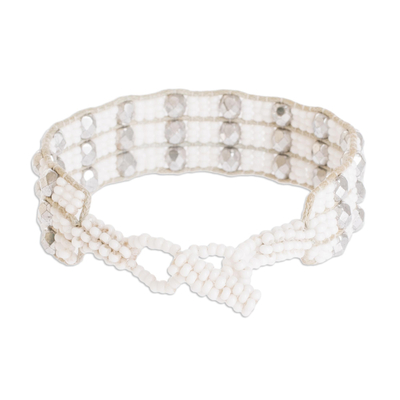 Beaded wristband bracelet, 'Kinship in White and Silver' - Handmade White Beaded Bracelet