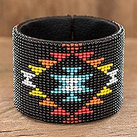 Beaded leather cuff bracelet, 'Tribal Energy'