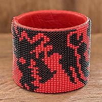 Beaded leather cuff bracelet, 'Dragon Encounter'
