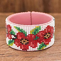Beaded leather cuff bracelet, 'Flowers of Spring'