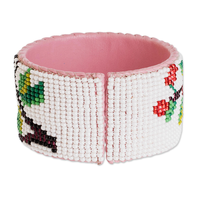 Beaded leather cuff bracelet, 'Flowers of Spring' - Handmade Floral Bead Cuff Bracelet