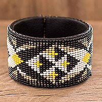 Beaded leather cuff bracelet, 'Transcendent Geometry' - Handmade Beaded Leather Cuff Bracelet
