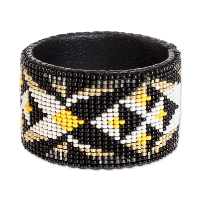 Beaded leather cuff bracelet, 'Transcendent Geometry' - Handmade Beaded Leather Cuff Bracelet