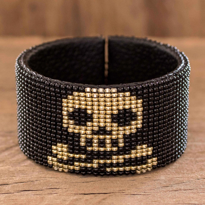 Beaded leather cuff bracelet, 'Deadly One' - Black Skull Motif Cuff Bracelet