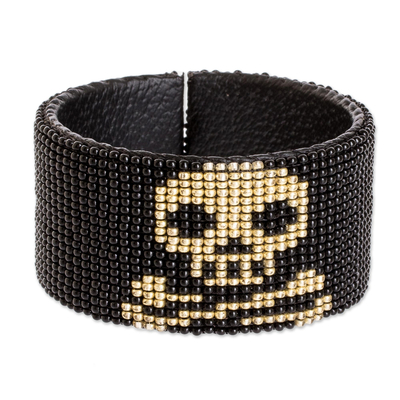 Beaded leather cuff bracelet, 'Deadly One' - Black Skull Motif Cuff Bracelet