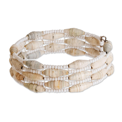 Recycled paper beaded cuff bracelet, 'Nature of Life in White' - Beaded Recycled Paper Cuff Bracelet