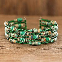 Recycled paper beaded cuff bracelet, 'Nature of Life in Green' - Green Recycled Paper and Glass Bead Bracelet