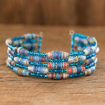 Recycled paper beaded cuff bracelet, Nature of Life in Blue