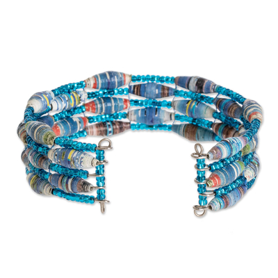 Recycled paper beaded cuff bracelet, 'Nature of Life in Blue' - Blue Paper and Glass Bead Cuff Bracelet