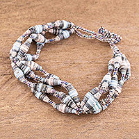 Recycled paper beaded bracelet, 'Eco Spiral in Twilight'