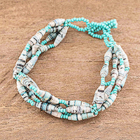 Recycled paper beaded bracelet, 'Eco Spiral in Aqua' - Aqua Glass and Recycled Paper Bracelet