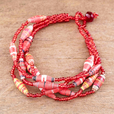 Recycled paper beaded bracelet, 'Bonds of Friendship in Red' - Red Beaded Recycled Paper Bracelet