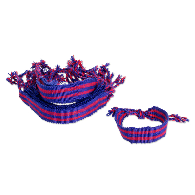 Cotton friendship bracelets, 'Celebration in Red and Blue' (Set of 12) - Hand Woven Red Bracelets (Set of 12) from Guatemala