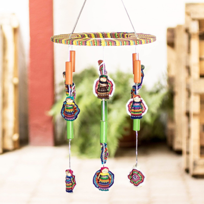 Wood worry doll mobile, 'Freedom Dolls' - Hand-Loomed Cotton Worry Doll Mobile from Guatemala