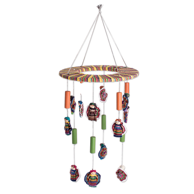 Wood worry doll mobile, 'Freedom Dolls' - Hand-Loomed Cotton Worry Doll Mobile from Guatemala