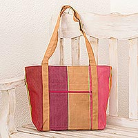 Cotton shoulder bag, 'Island Stripe in Pink' - Striped Cotton Shoulder Bag