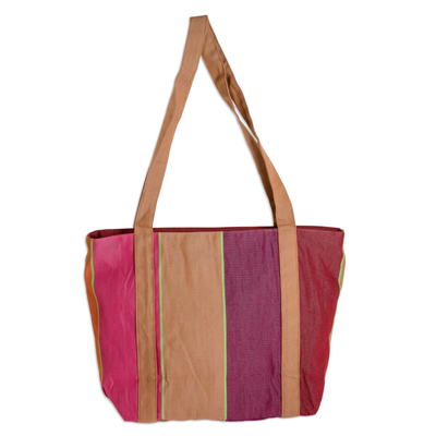 Cotton shoulder bag, 'Island Stripe in Pink' - Striped Cotton Shoulder Bag