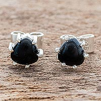 Jade stud earrings, 'Trillium in Black' - Natural Black Jade Stud Earrings