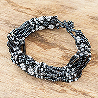 Beaded wristband bracelet, 'Flower Harmony in Black' - Black and Grey Beaded Bracelet