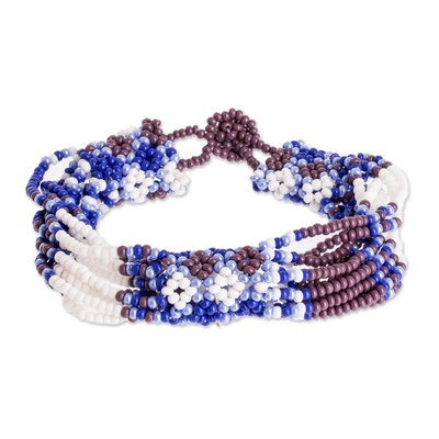 Beaded wristband bracelet, 'Flower Harmony in Lapis' - Blue and Purple Beaded Wristband Bracelet
