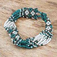 Beaded wristband bracelet, 'Flower Harmony in Emerald'