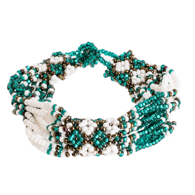 Beaded wristband bracelet, 'Flower Harmony in Emerald' - Green and Bronze Beaded Bracelet