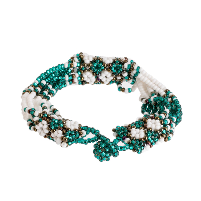 Beaded wristband bracelet, 'Flower Harmony in Emerald' - Green and Bronze Beaded Bracelet