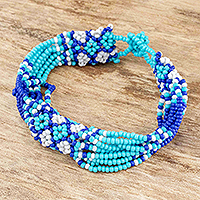 Beaded wristband bracelet, 'Flower Harmony in Blue' - Blue Glass Bead Bracelet
