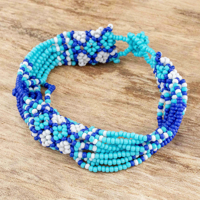 Beaded wristband bracelet, Flower Harmony in Blue