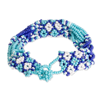 Perlenarmband, 'Flower Harmony in Blau' - Blaues Glasperlenarmband
