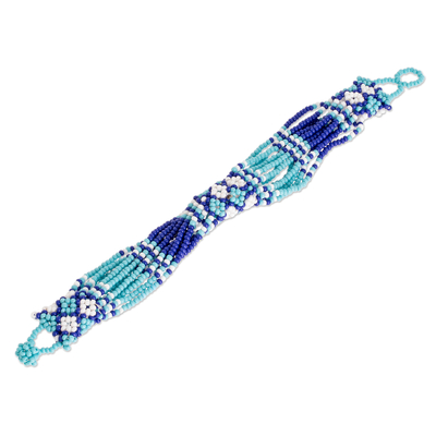 Beaded wristband bracelet, 'Flower Harmony in Blue' - Blue Glass Bead Bracelet