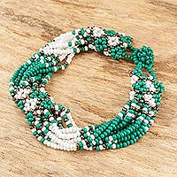 Beaded wristband bracelet, 'Flower Harmony in Green'