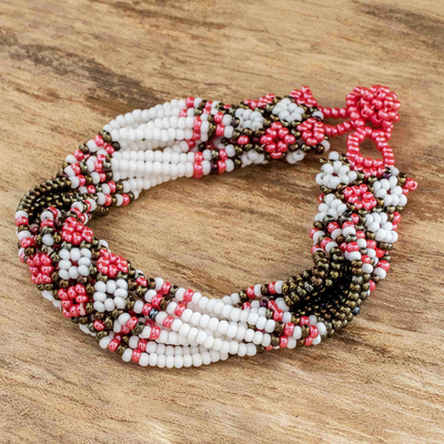 Beaded wristband bracelet, 'Flower Harmony in Rose' - Handmade Glass Bead Bracelet