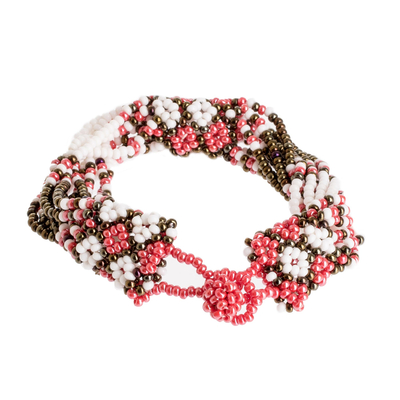 Beaded wristband bracelet, 'Flower Harmony in Rose' - Handmade Glass Bead Bracelet