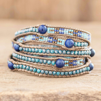 Lapis lazuli beaded wrap bracelet, Dreams in Blue