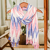 Rayon ikat shawl, 'Tricolour Charm' - Rose and Blue Ikat Shawl