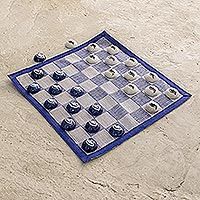 Cotton and ceramic checkers game, 'Cool Dew' - Artisan Crafted Checkers Set