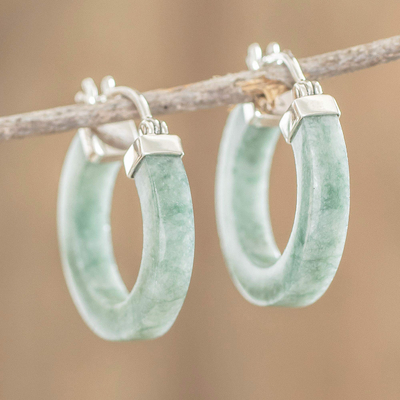 Jade hoop earrings, 'Conexion in Light Green' - Light Green Jade Hoop Earrings