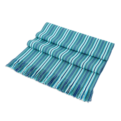Cotton table runner, 'Tecpan Tradition' - Striped Blue Table Runner
