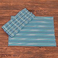Manteles individuales de algodón, 'Tecpan Tradition' (set de 6) - Manteles individuales de rayas azules (Set de 6)