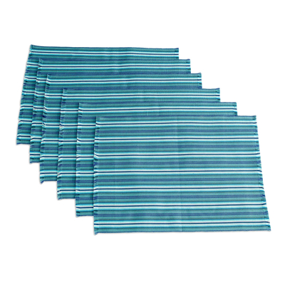 Tischsets aus Baumwolle, 'Tecpan Tradition' (6er-Set) - Blau gestreifte Tischsets (6er-Set)