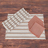 Cotton table linen set, 'Nutmeg Stripe' (set for 6) - Handmade Cotton Table Linen Set (Set for 6)