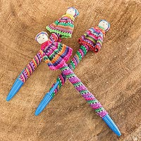 Cotton covered ballpoint pens, 'Quitapenas' (set of 3) - Handmade Worry Doll Pens (Set of 3)