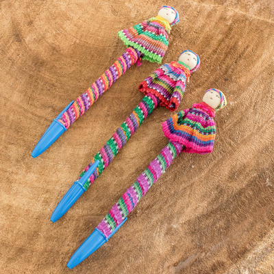 Cotton covered ballpoint pens, 'Quitapenas' (set of 3) - Handmade Worry Doll Pens (Set of 3)