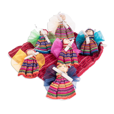 Cotton ornaments, 'Angels of Hope' (set of 6) - Worry Doll Ornaments (Set of 6)