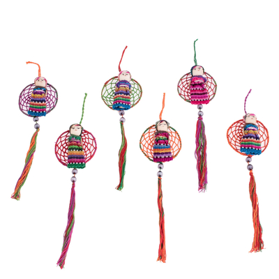 Cotton ornaments, 'Dreamcatcher Angels' (set of 6) - Handmade Guatemalan Ornaments (Set of 6)