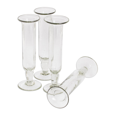 Blown glass champagne flutes, 'Tiny Bubbles' (set of 4) - Clear Champagne Flutes from Guatemala (Set of 4)