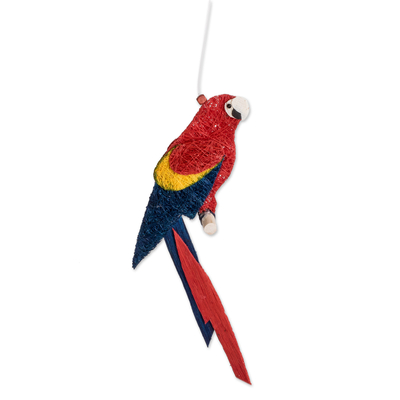 Natural fiber mobile, 'Scarlet Macaw Habitat' - Costa Rican Handmade Natural Fiber Red Macaw Mobile