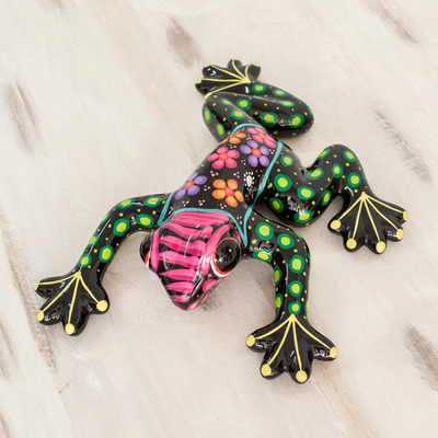 Ceramic figurine, 'Black Floral Frog' - Costa Rican Hand Painted Black Floral Ceramic Frog Figurine