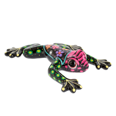 Ceramic figurine, 'Black Floral Frog' - Costa Rican Hand Painted Black Floral Ceramic Frog Figurine